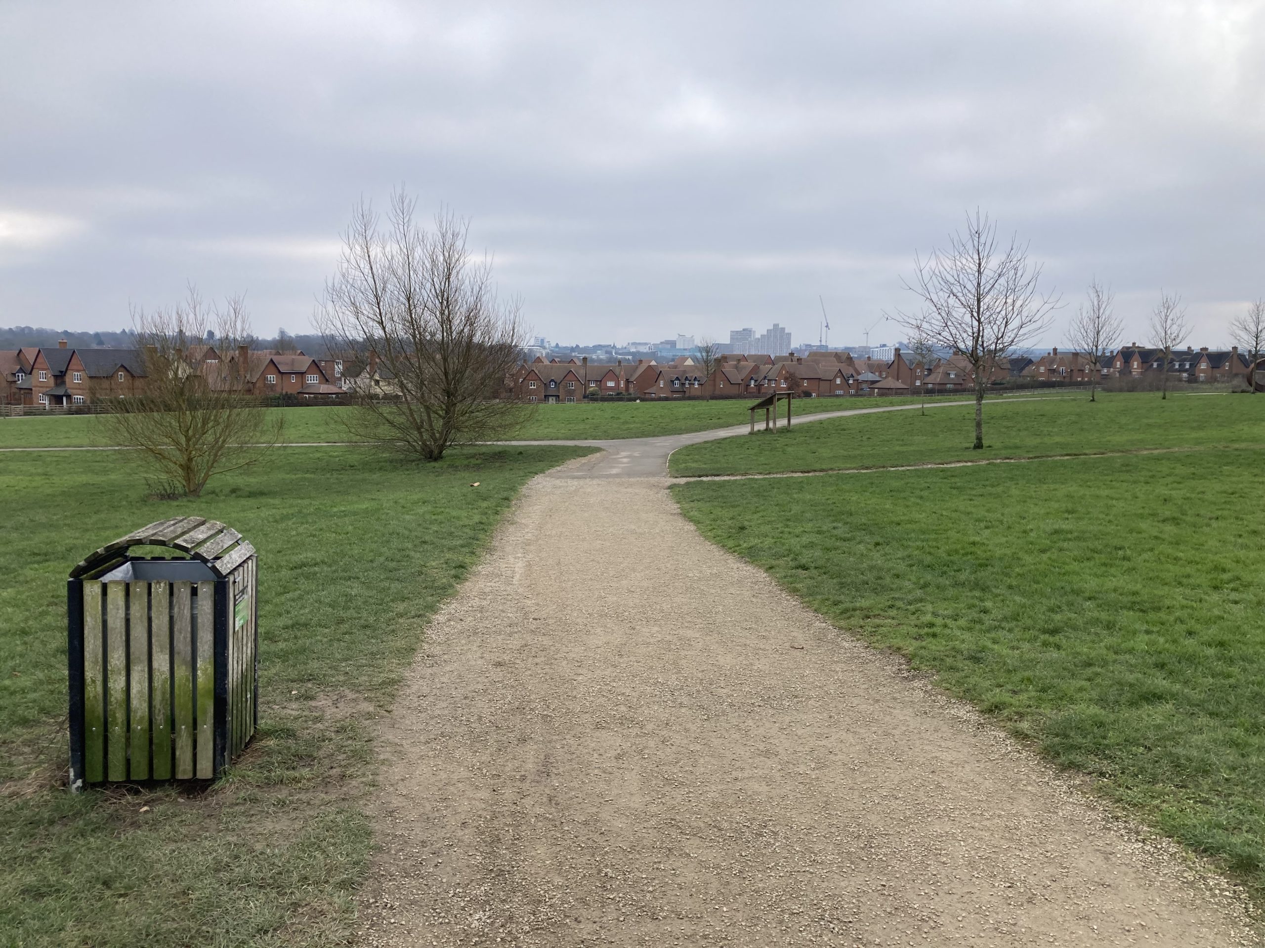 Wintry photo of a grassy area with long path running through it