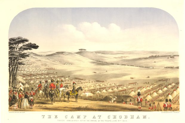 Old hand-coloured lithograph of the camp at Chobham Common