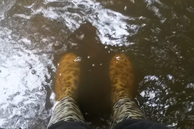 Someone with their wellies in water, illustrating our wet climate