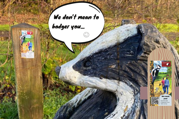 Photo of carved badger sculpture saying "We don't mean to badger you..."