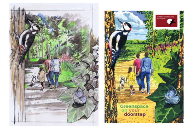 Image comparing the rough cover illustration for our 'Greenspace on your doorstep' booklet to the finished article.