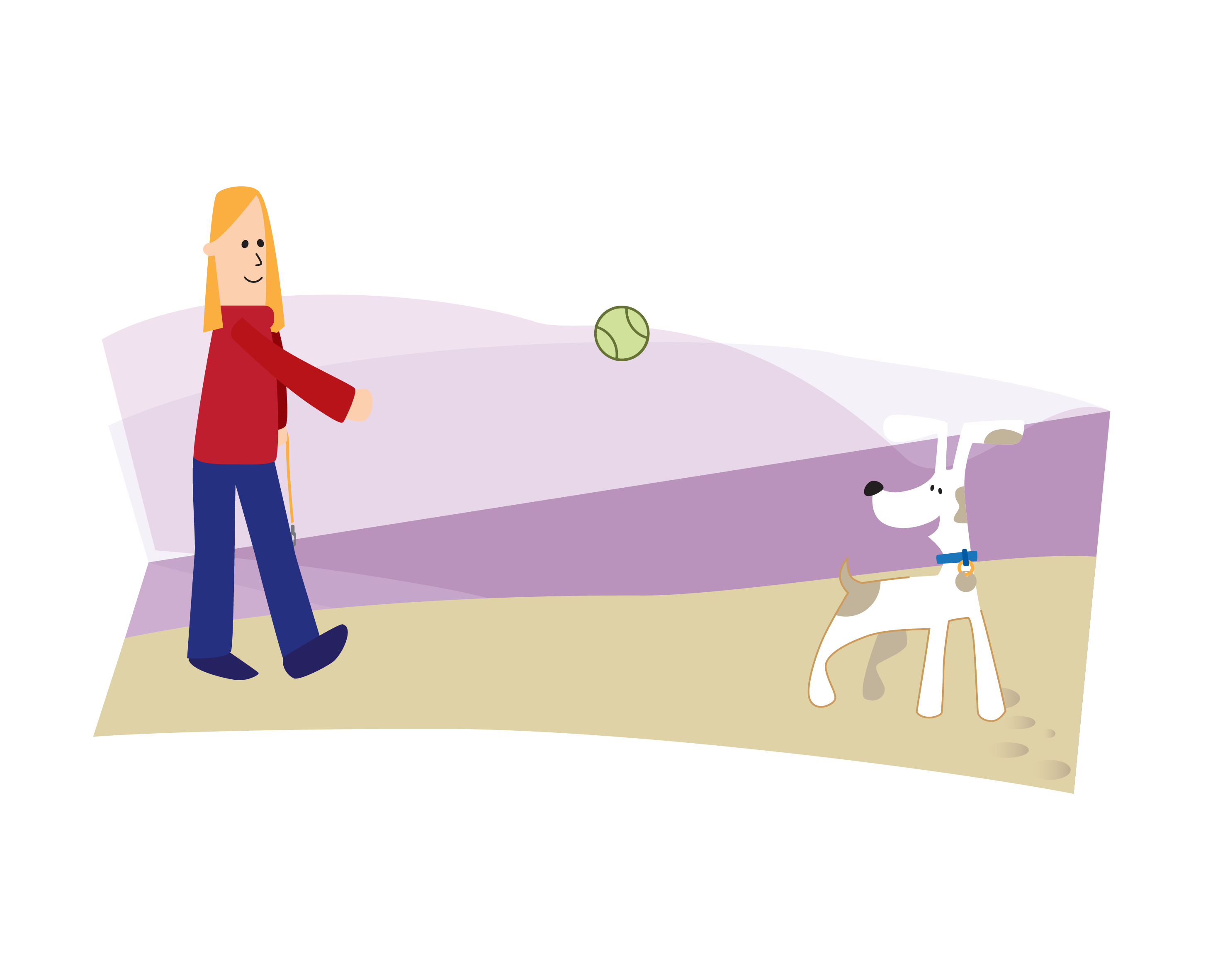 Image of a girl walking her dog on a path and throwing a ball down the path