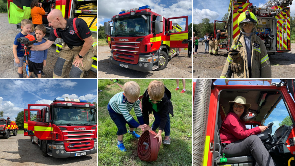 Montage of photographs of people having fun with the fire fighting equipment