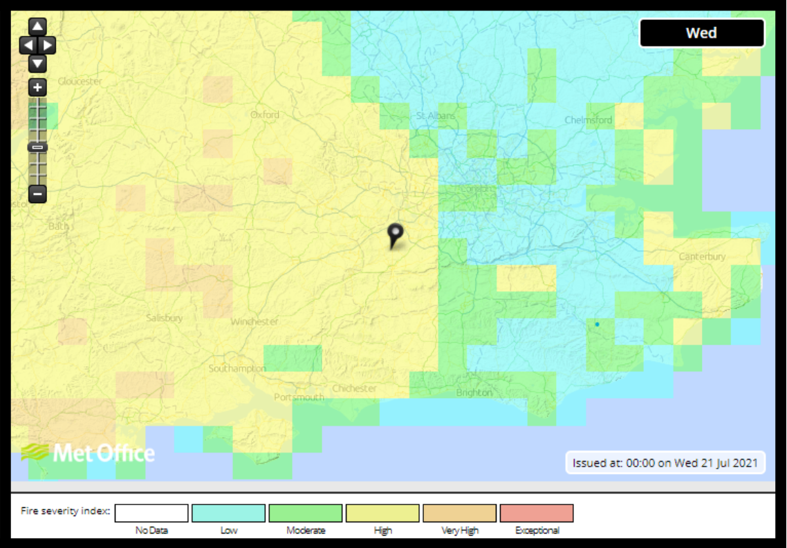 Graphic from the Met Office's Fire Severity Index website - showing Woking in the yellow zone = HIGH