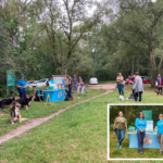 Photograph of dog owners waiting to speak with Natalie Light. With inset picture of Nat, Nicky & Jo.