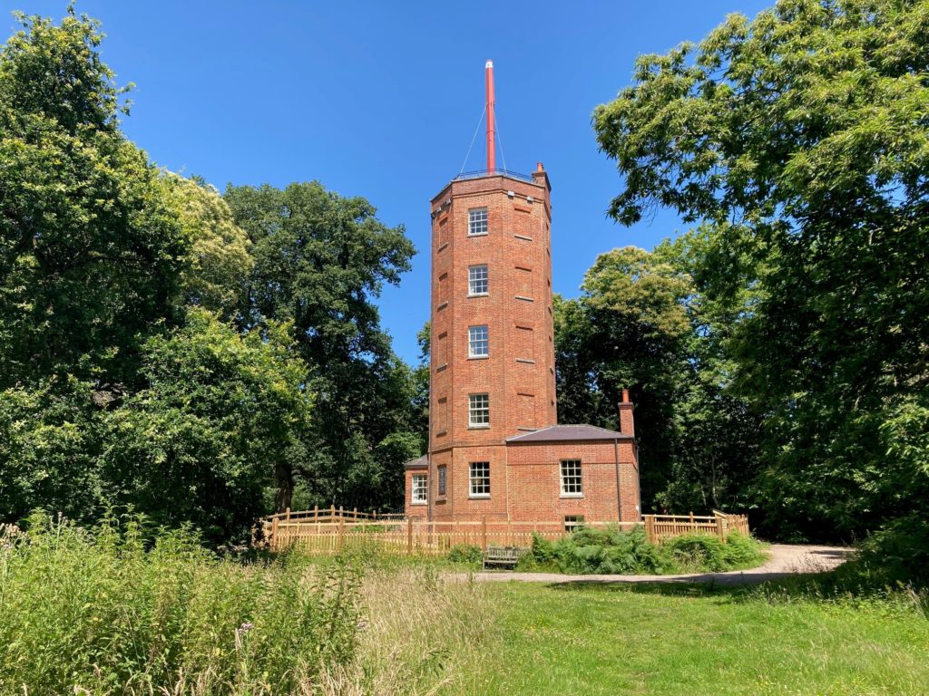 Photograph of the tall, 5 storey tower at Chatley Heath.