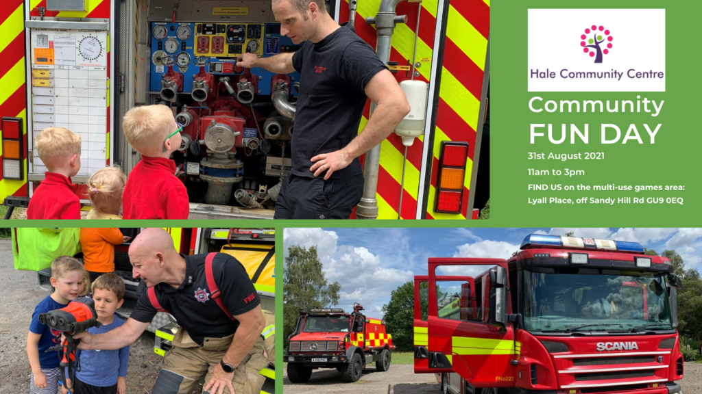 Montage of photographs of kids enjoying looking at fire engines