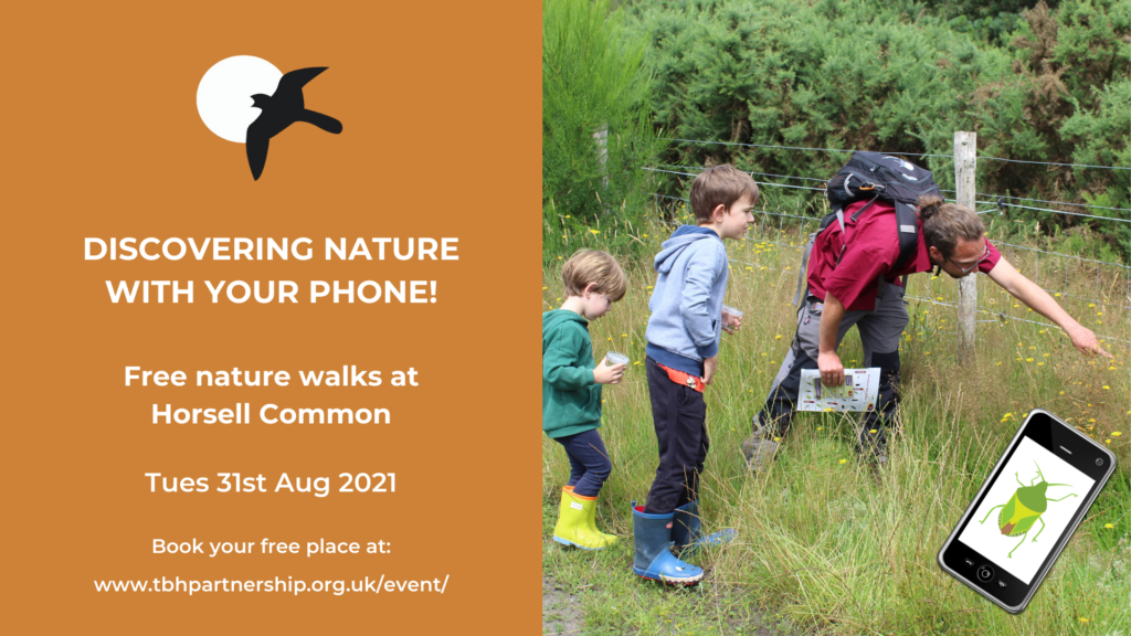 Event poster for with a photo of Warden Andi pointing out butterflies to two children