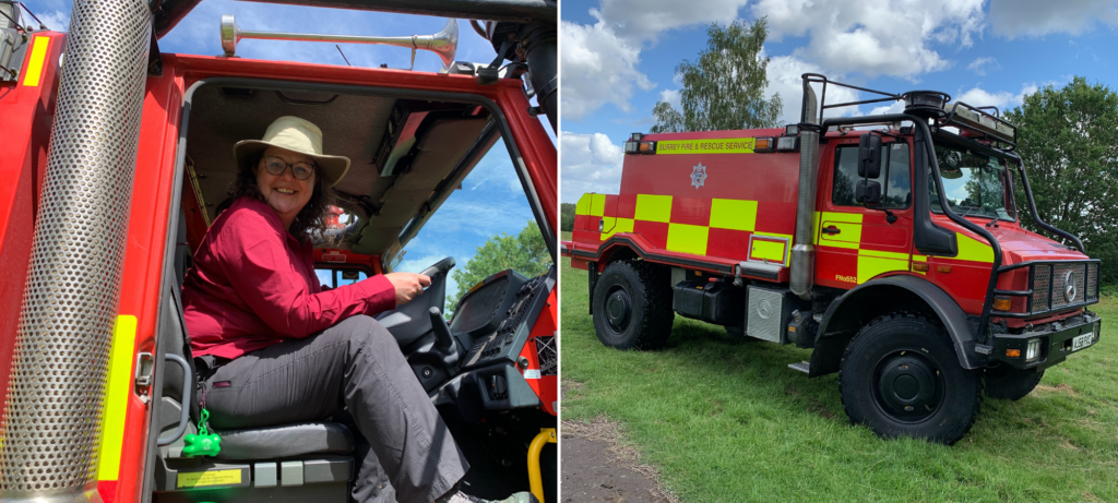 Photograph of Ruth enjoying a seat in the cab of the unimog (left) and the unimog (right)