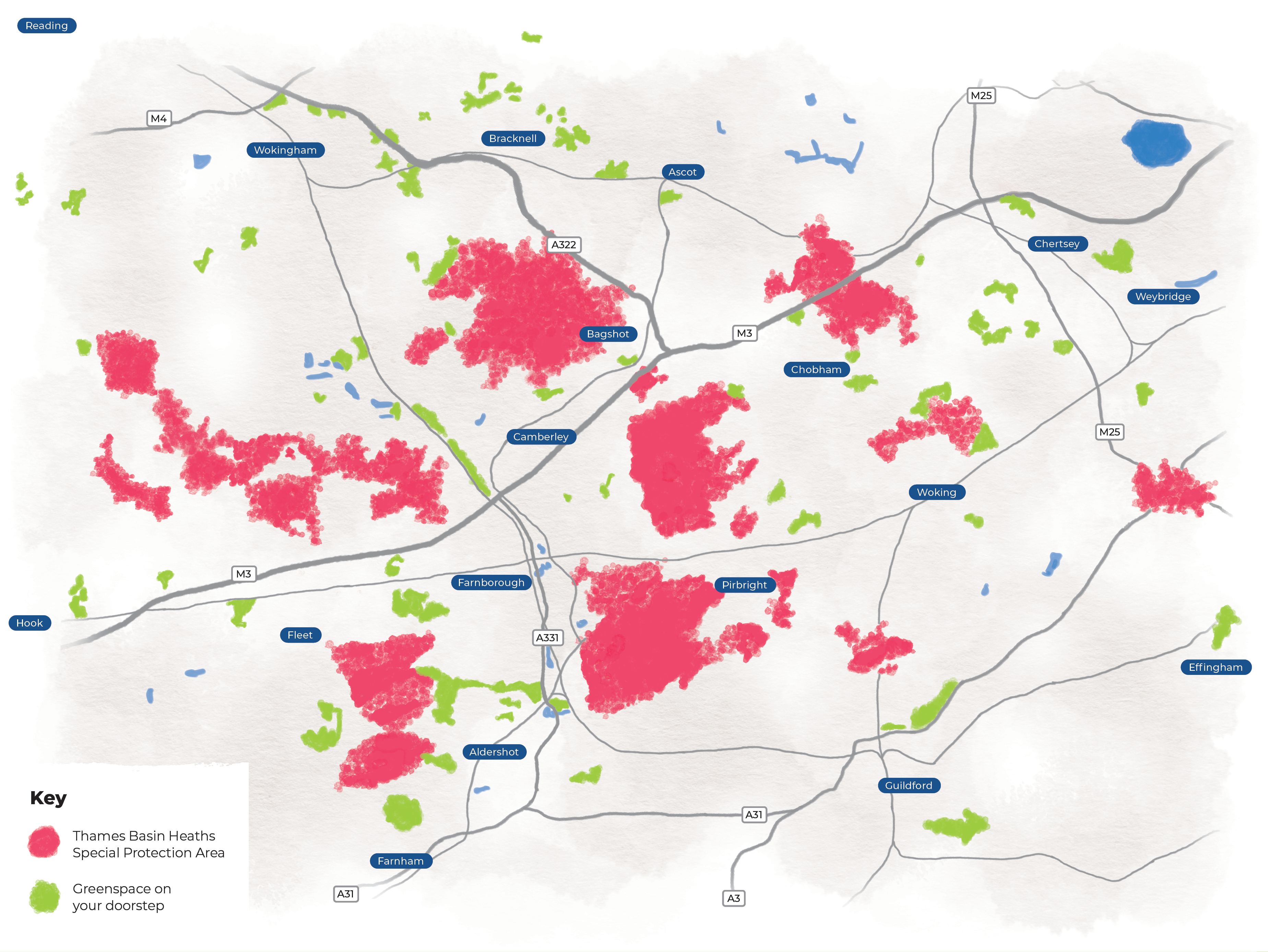 Map showing the Thames Basin Heaths Special Protection Area and 'Greenspace on your doorstep'