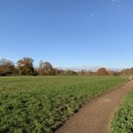 Photo of the main meadow, a green field surrounded by autumnal trees