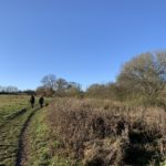 Photo of two dog walkers walking along a mown path