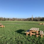 Photo of picnic benches set in grassy meadow