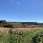 Photo of the view from the neighbouring hillside across the meadows and knolls