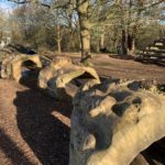 Photo of a play area featuring equipment made from tree trunks and logs