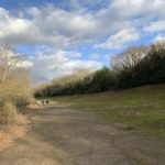 Photo of a banked section of concrete track, now mossy