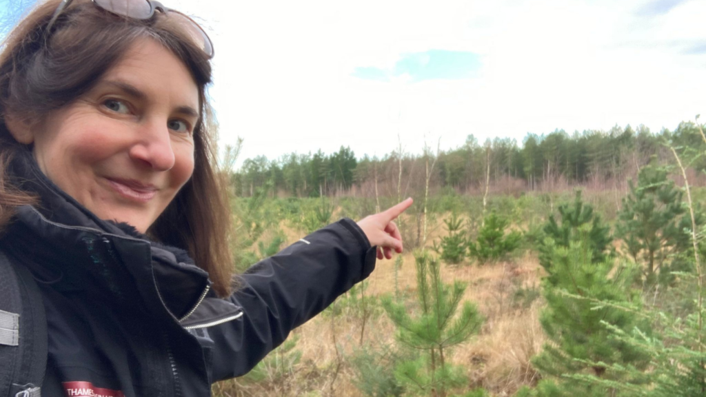 Photo of Warden Nicky pointing towards a woodlark singing