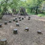 Photograph of woodland play area with tree stumps and a den built of branches