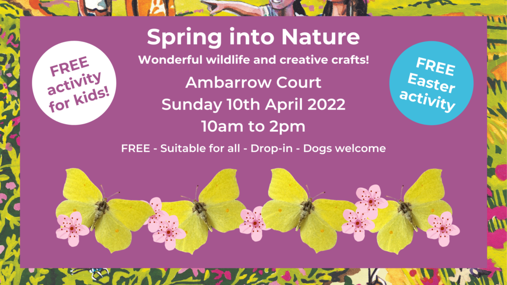 Spring into Nature banner with butterflies and blossom