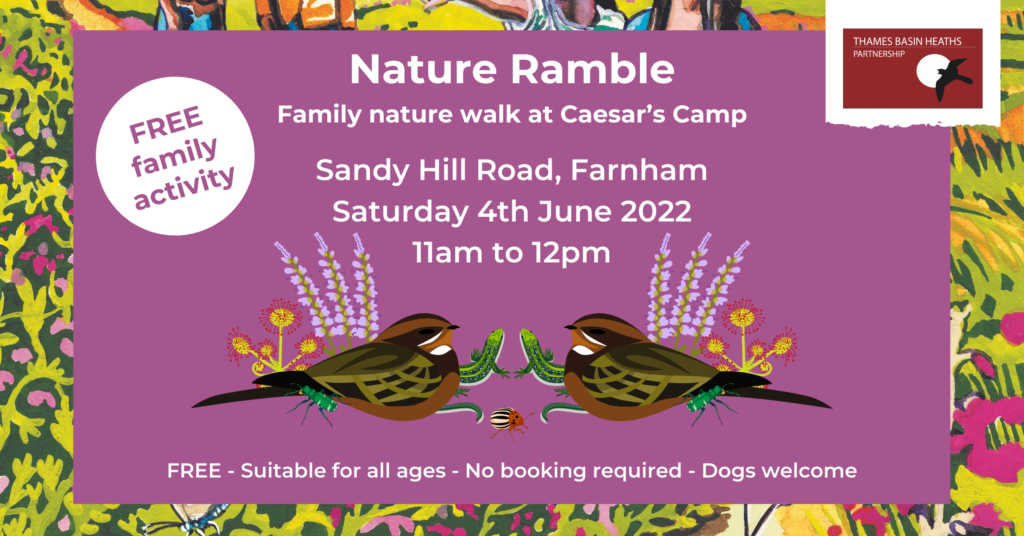 Pretty banner with event details and pictures of heathland wildlife.