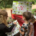 Photo of Warden Ruth explaining about the wildlife to two attentive children.