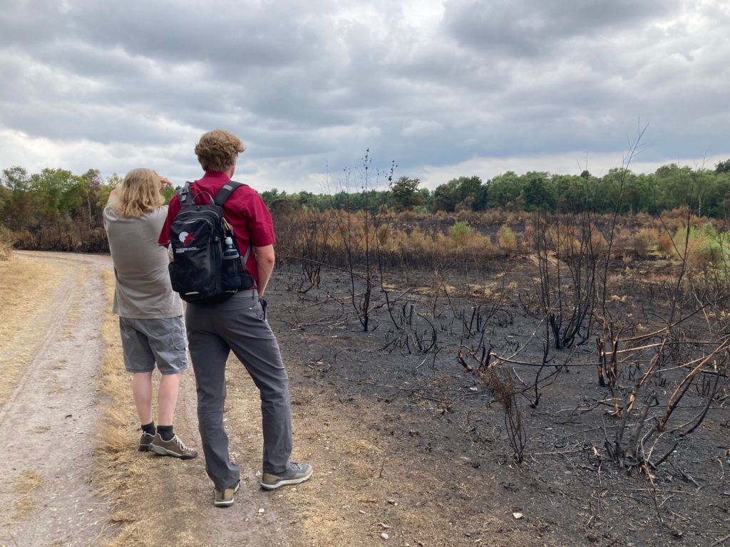 Photo of two people looking out across a blackened landscape