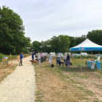 Photo of a group of dog walkers at a blue gazebo.