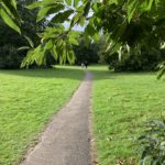 Photo of a tarmac path leading through mown lawns.