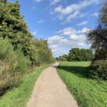 Photo of a surfaced path winding through a green meadow, with hedgerow and scrub. Lovely blue sky.