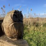 Bright photo showing a carved owl, with reeds in the background.
