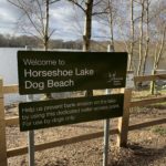 Photo of a beach area with a sign "Welcome to Horseshoe Lake Dog Beach - Help us prevent bank erosion on the lake by using this dedicated water access point. For use by dogs only."