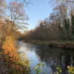 Photo of a frozen canal with warm winter sunshine.