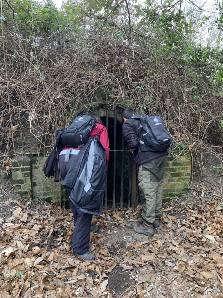 Photo of two people peering through the bars of the icehouse. The icehouse is largely covered in vegetation, but the brick shape visible.