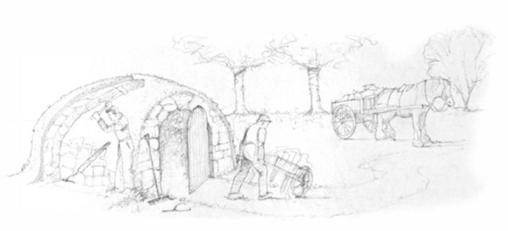 Pencil sketch showing historic scene, someone chopping ice, someone wheeling ice to a horse and cart, and the domed ice ice.
