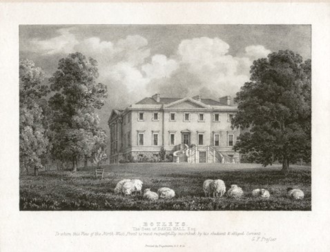 Old black and white engraving of Botleys, with sheep grazing in front.