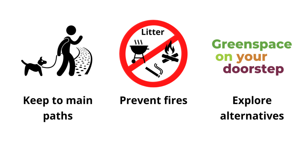 Pictorial messages for "Keep to main paths", "Prevent fires" and "Explore alternatives"