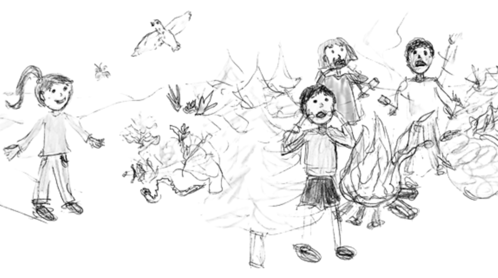 Pencil sketch of some boys around a camp fire. A girl is watching on and a bird is flying up, and an Adder slithering away.