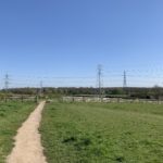 Photo of a rough path leading to a gateway and then into the meadow. They are large pylons in the meadow.