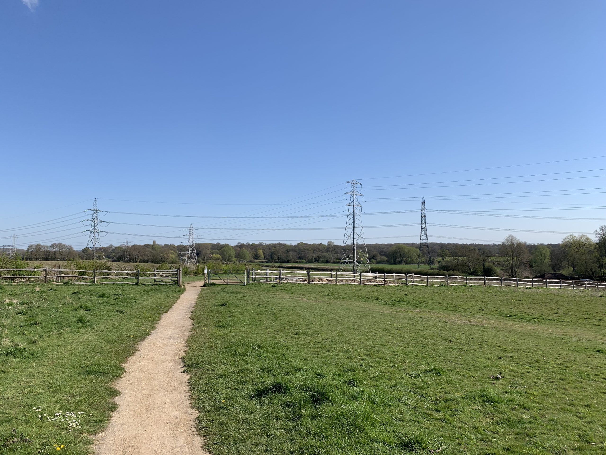 Photo of a rough path leading to a gateway and then into the meadow. They are large pylons in the meadow.