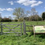 Photo looking across a gateway into a community orchard where small fruit trees are growing