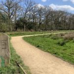 Photo of a wide surfaced path leading into a meadow, a sign say "LEAPING HARE LOOP"