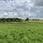 Photo of a large green meadow, with rolling countryside.