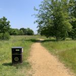 Photo of a green open space, with a rubbish bin and scattered trees.