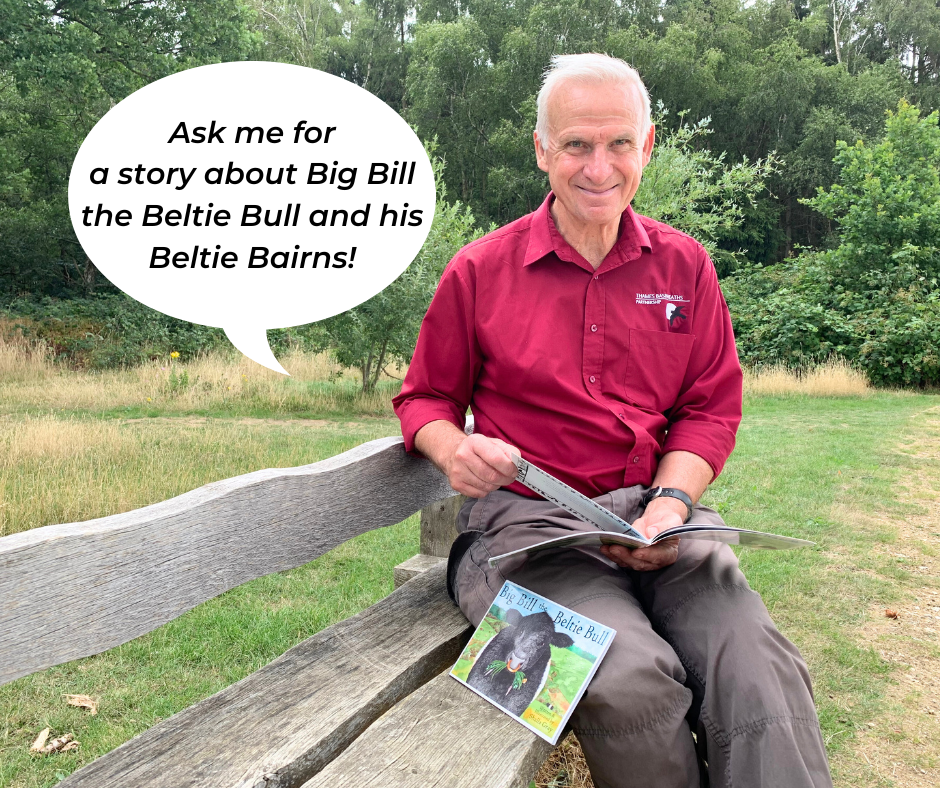 Photo of Warden Jeremy reading from a child's book. A speech bubble says "Ask me for a story about Big Bill the Beltie Bull and his Beltie Bairns!"