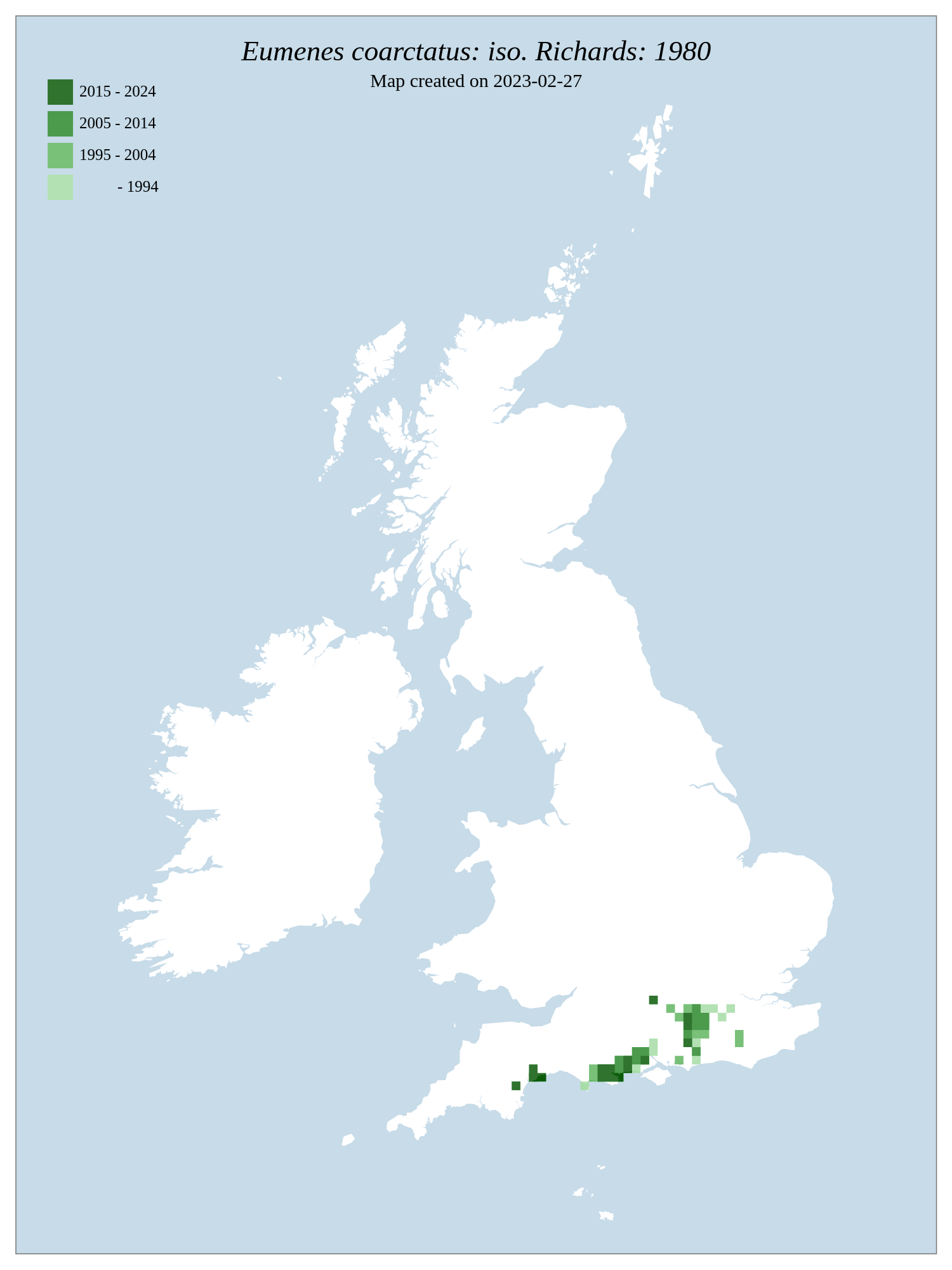 Distribution map show records of Heath Potter Wasp are clustered around the heaths of Surrey, Hampshire, Dorset and Devon.