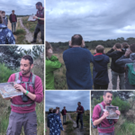 A montage of photos taken at dusk, as young people wait for Nightjars to start churring in the fading light. Some photos show Education Officer Michael holding up a photograph of a Nightjar.