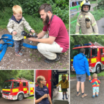 Montage of photographs showing children enjoying looking at the fire engine and its equipment, and trying on the gear.