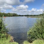 View out across a large lake. Small sailing boats on the water.