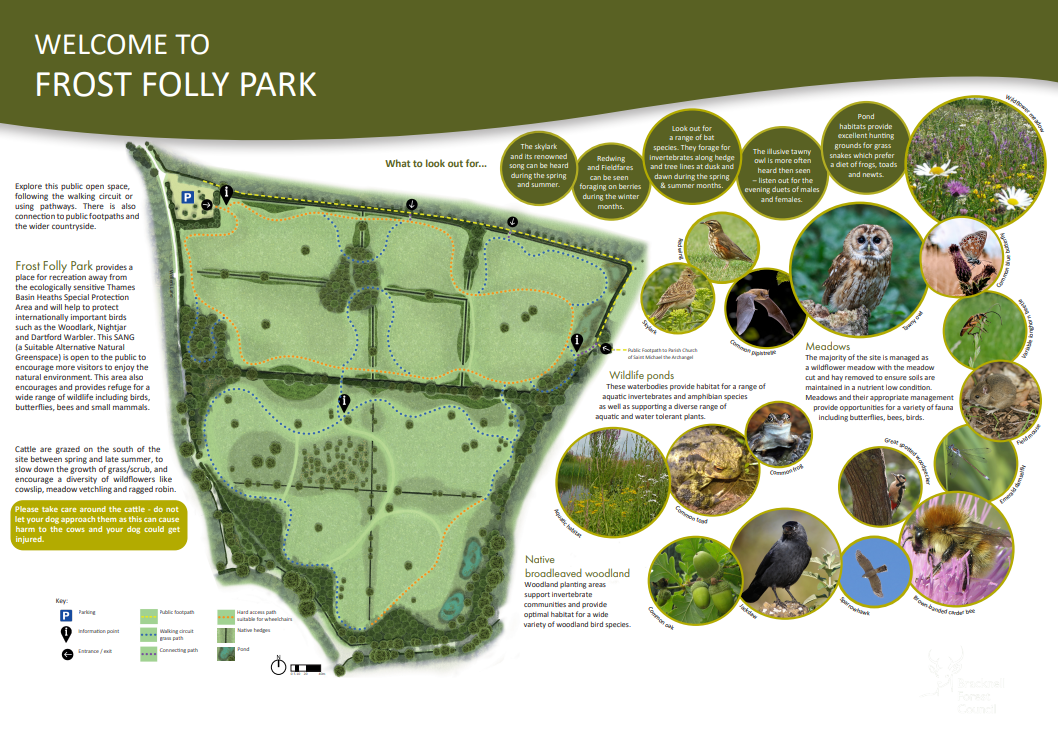 Information including a map of the meadows and photographs of some of the wildlife you might encounter here including Skylark, Tawny Owl, Common Blue butterfly, Field Mice and Great Spotted Woodpecker.