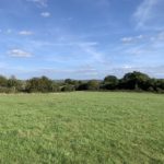 Photo of a green meadow, with a view across open countryside in the distance